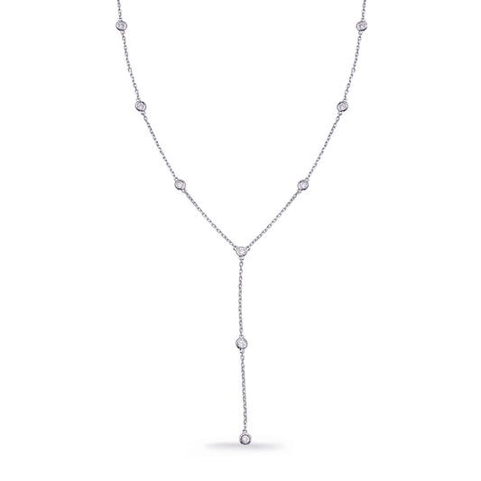 This Necklace is available in 14K White Gold. There are a total of 9 stones. There are Rounds with a total carat weight of 0.31 set in a  setting.