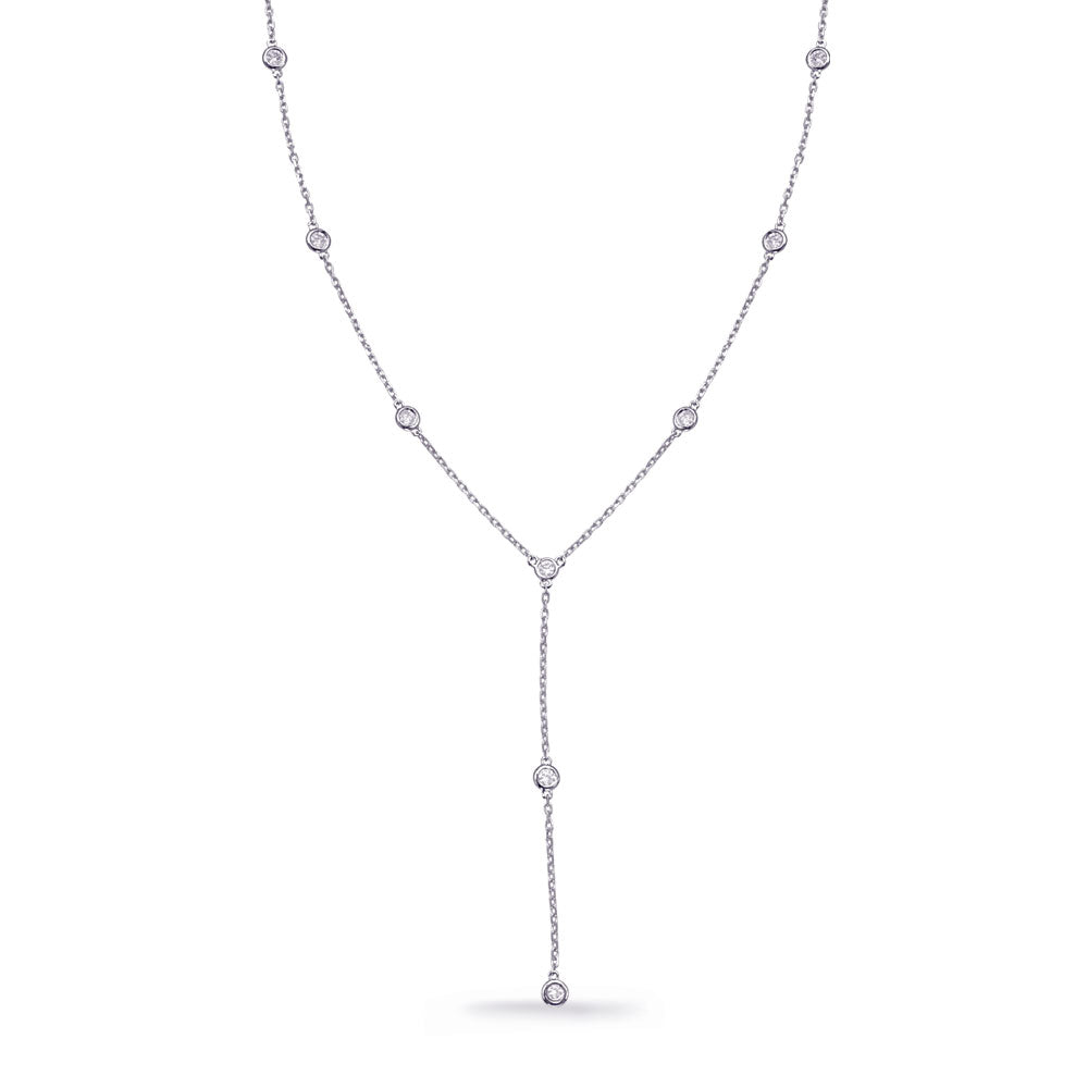 This Necklace is available in 14K White Gold. There are a total of 9 stones. There are Rounds with a total carat weight of 0.31 set in a  setting.