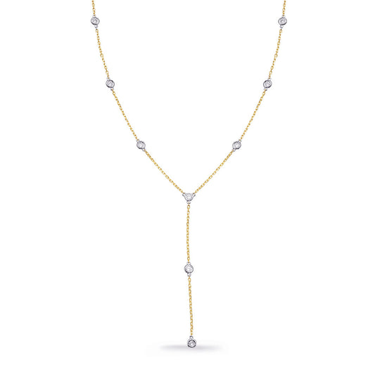 This Necklace is available in 14K Yellow & White Gold. There are a total of 9 stones. There are Rounds with a total carat weight of 0.31 set in a  setting.