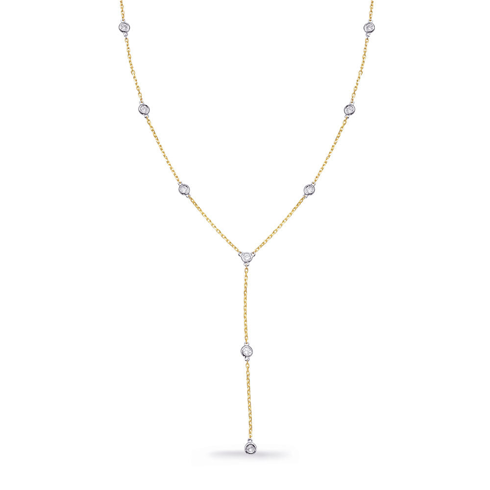 This Necklace is available in 14K Yellow & White Gold. There are a total of 9 stones. There are Rounds with a total carat weight of 0.52 set in a  setting.