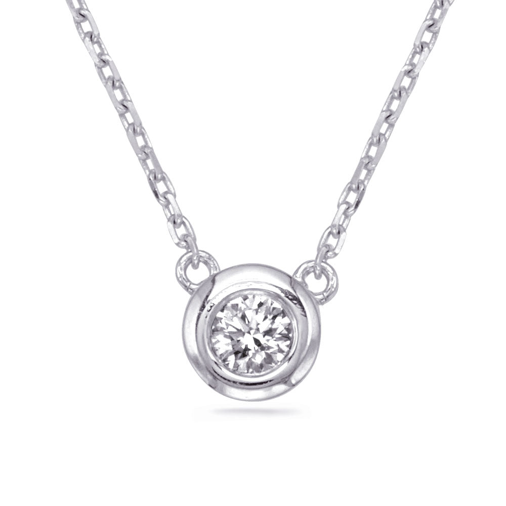 This Necklace is available in 14K White Gold. There are a total of 1 stones. There are Rounds with a total carat weight of 0.25 set in a  setting.