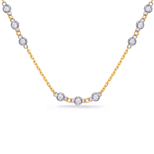 This Necklace is available in 14K Yellow & White Gold. There are a total of 30 stones. There are Rounds with a total carat weight of 0.64 set in a  setting.