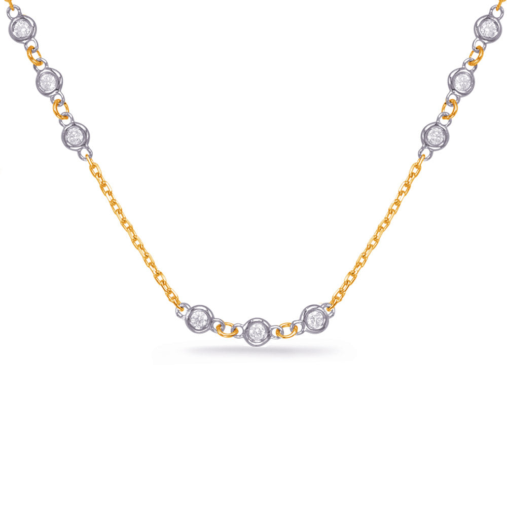 This Necklace is available in 14K Yellow & White Gold. There are a total of 30 stones. There are Rounds with a total carat weight of 1.71 set in a  setting.
