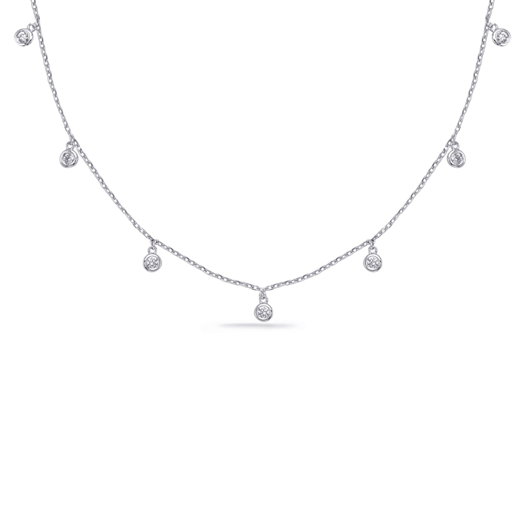 This Necklace is available in 14K White Gold. There are a total of 7 stones. There are Rounds with a total carat weight of 0.21 set in a  setting.