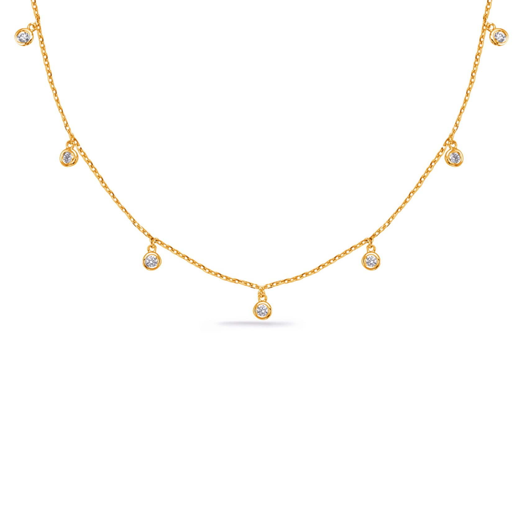 This Necklace is available in 14K Yellow Gold. There are a total of 7 stones. There are Rounds with a total carat weight of 0.21 set in a  setting.