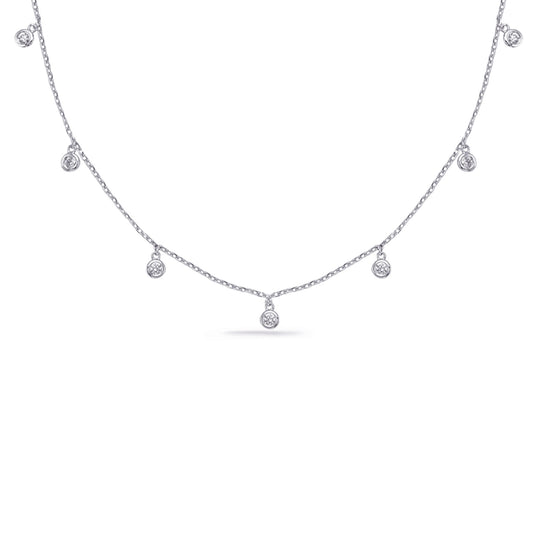 This Necklace is available in 14K White Gold. There are a total of 7 stones. There are Rounds with a total carat weight of 0.3 set in a  setting.