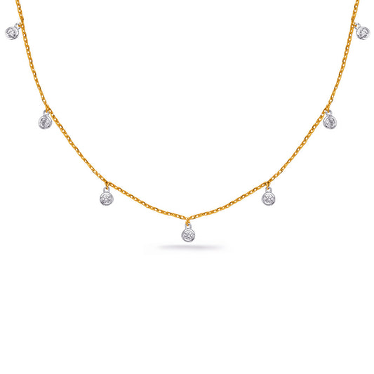 This Necklace is available in 14K Yellow & White Gold. There are a total of 7 stones. There are Rounds with a total carat weight of 0.3 set in a  setting.