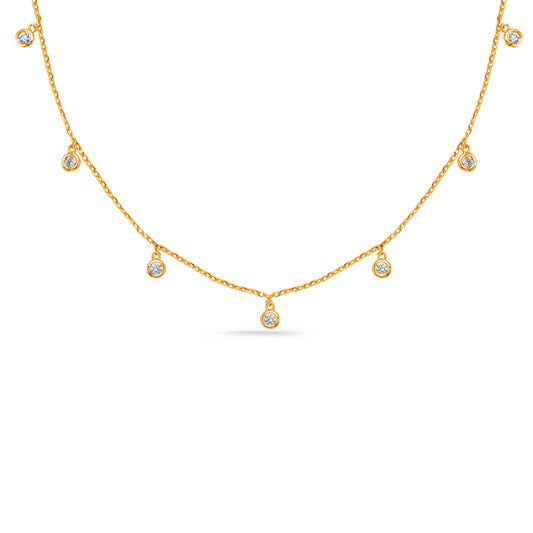 This Necklace is available in 14K Yellow Gold. There are a total of 7 stones. There are Rounds with a total carat weight of 0.4 set in a  setting.