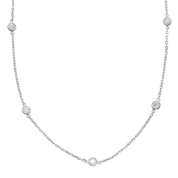 This Necklace is available in 14K White Gold. There are a total of 10 stones. There are Rounds with a total carat weight of 0.63 set in a Bezel Set setting.