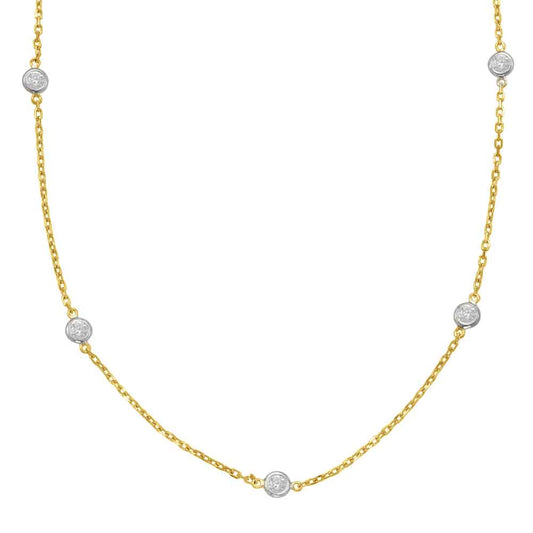 This Necklace is available in 14K Yellow & White Gold. There are a total of 10 stones. There are Rounds with a total carat weight of 0.63 set in a Bezel Set setting.