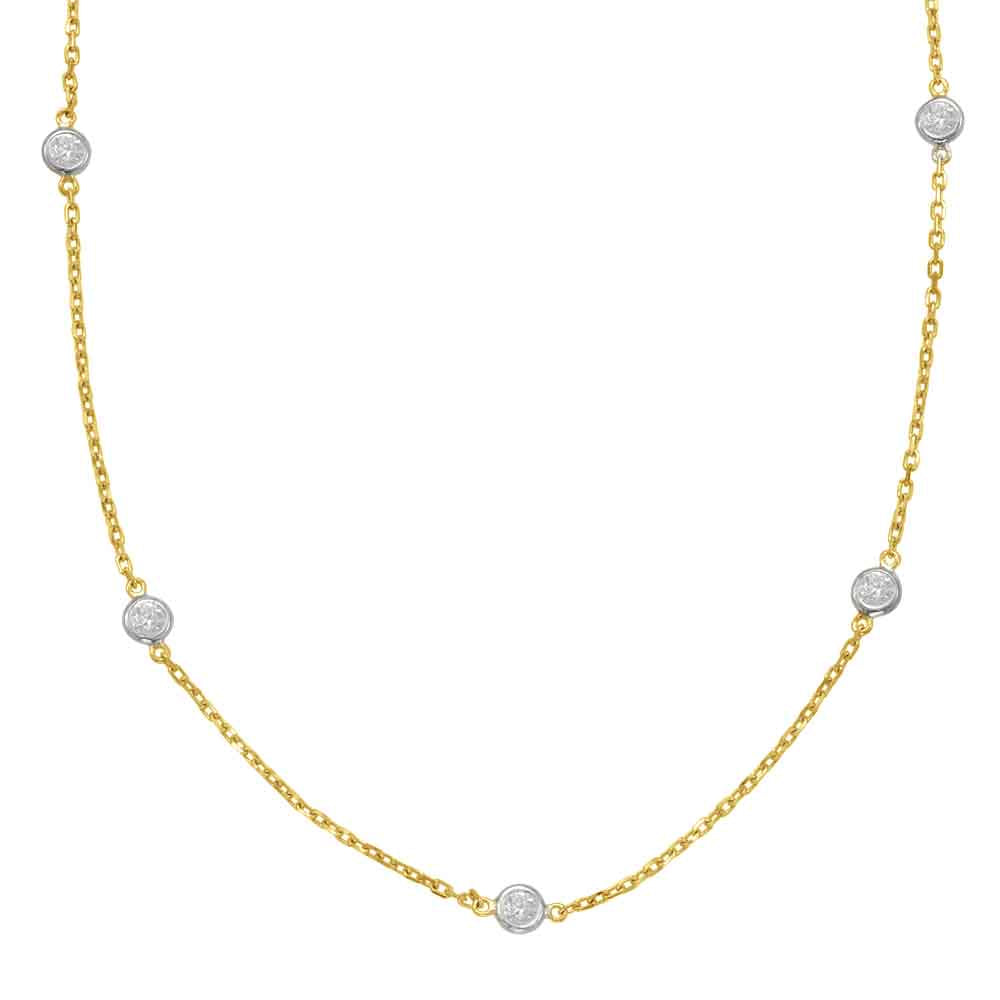 This Necklace is available in 14K Yellow & White Gold. There are a total of 10 stones. There are Rounds with a total carat weight of 0.63 set in a Bezel Set setting.