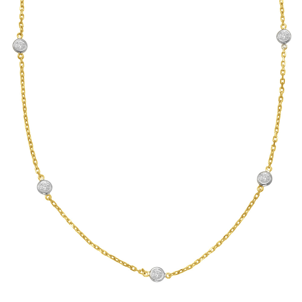 This Necklace is available in 14K Yellow & White Gold. There are a total of 10 stones. There are Rounds with a total carat weight of 0.72 set in a Bezel Set setting.