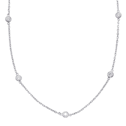 This Necklace is available in 14K White Gold. There are a total of 10 stones. There are Rounds with a total carat weight of 0.91 set in a Bezel Set setting.