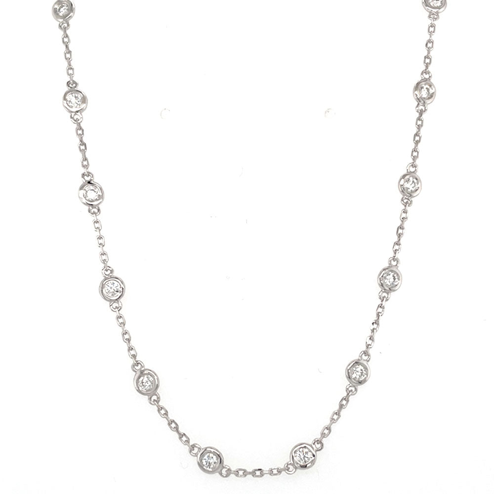 This Necklace is available in 14K White Gold. There are a total of 31 stones. There are Rounds with a total carat weight of 1.32 set in a  setting.