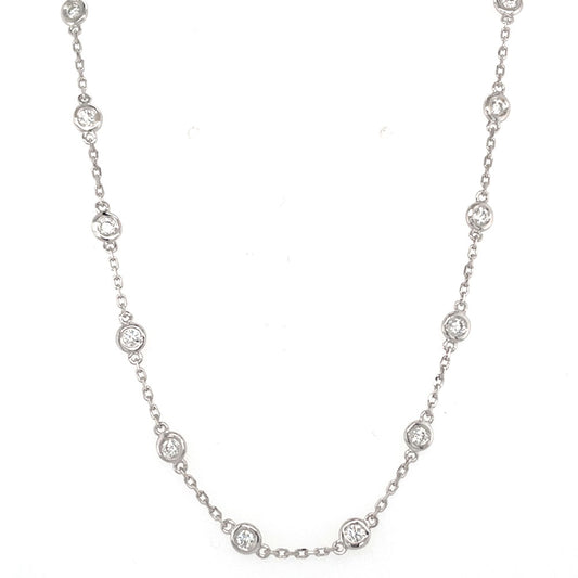 This Necklace is available in 14K White Gold. There are a total of 31 stones. There are Rounds with a total carat weight of 1.32 set in a  setting.