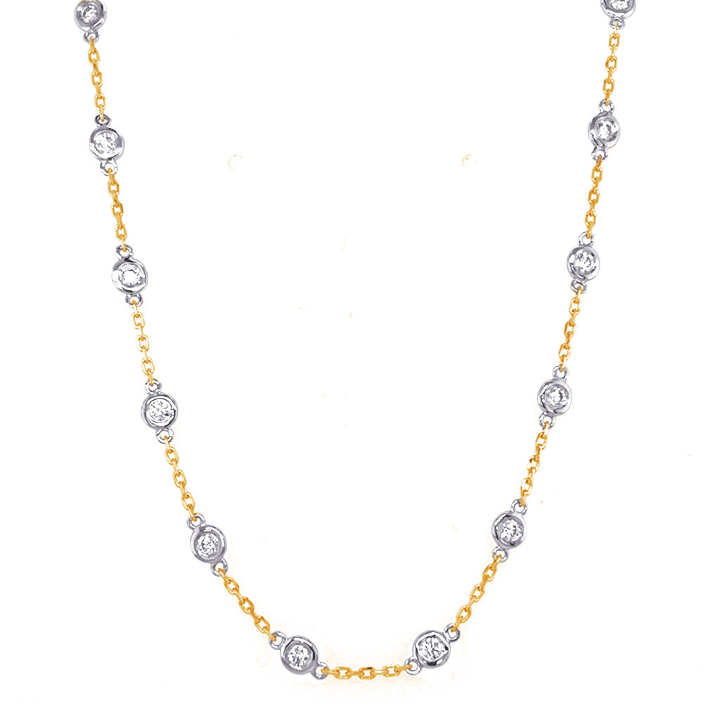 This Necklace is available in 14K Yellow & White Gold. There are a total of 31 stones. There are Rounds with a total carat weight of 1.32 set in a  setting.