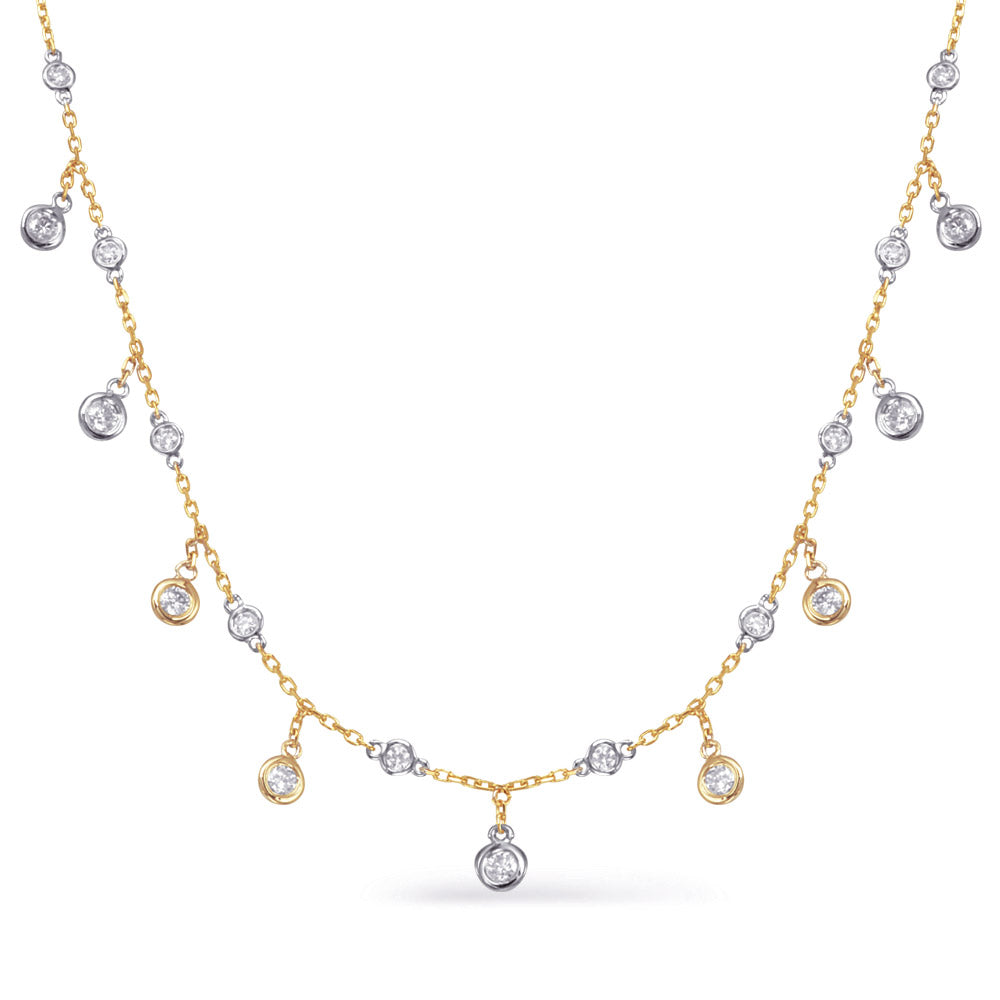 This Necklace is available in 14K Yellow & White Gold. There are a total of 21 stones. There are Rounds with a total carat weight of 0.71 set in a Bezel Set setting.