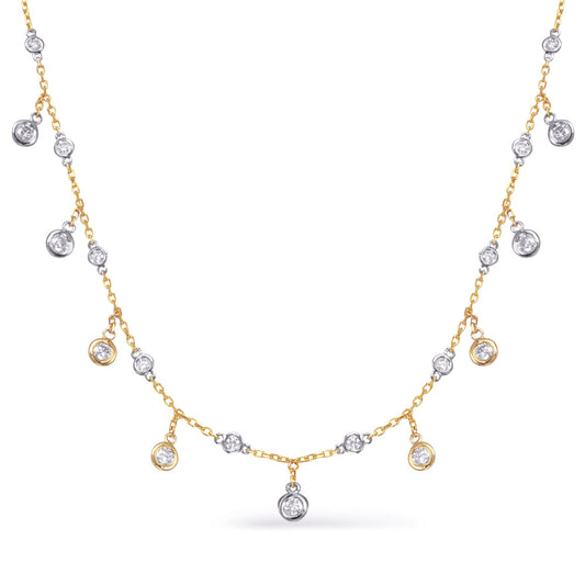 This Necklace is available in 14K Yellow & White Gold. There are a total of 21 stones. There are Rounds with a total carat weight of 0.71 set in a Bezel Set setting.