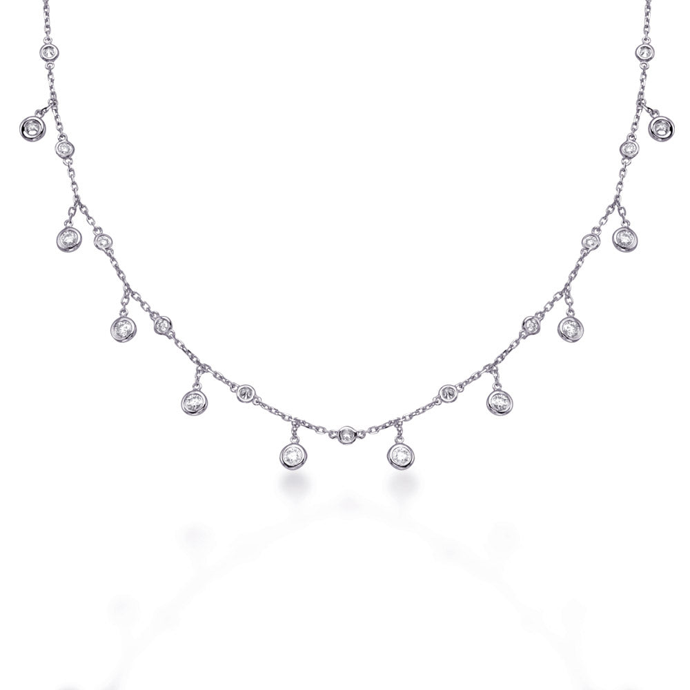 This Necklace is available in 14K White Gold. There are a total of 21 stones. There are Rounds with a total carat weight of 1.16 set in a  setting.