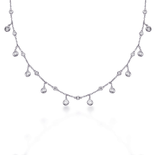 This Necklace is available in 14K White Gold. There are a total of 21 stones. There are Rounds with a total carat weight of 1.16 set in a  setting.