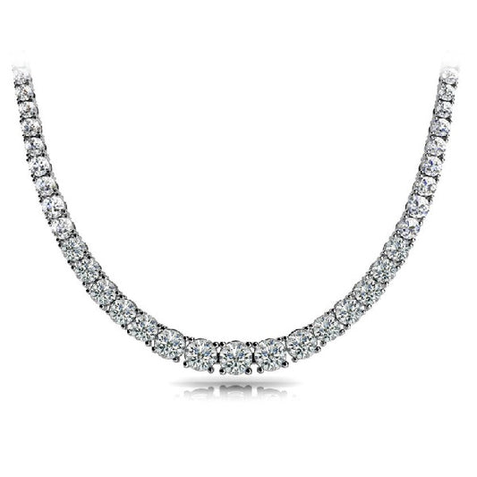 This Necklace is available in 14K White Gold. There are a total of 149 stones. There are Rounds with a total carat weight of 10 set in a  setting.