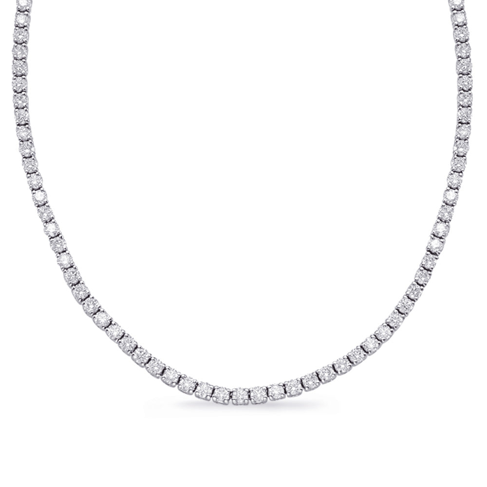 This Necklace is available in 14K White Gold. There are a total of 155 stones. There are Rounds with a total carat weight of 6.01 set in a  setting.