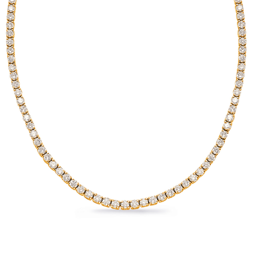 This Necklace is available in 14K Yellow Gold. There are a total of 142 stones. There are Rounds with a total carat weight of 8.08 set in a  setting.