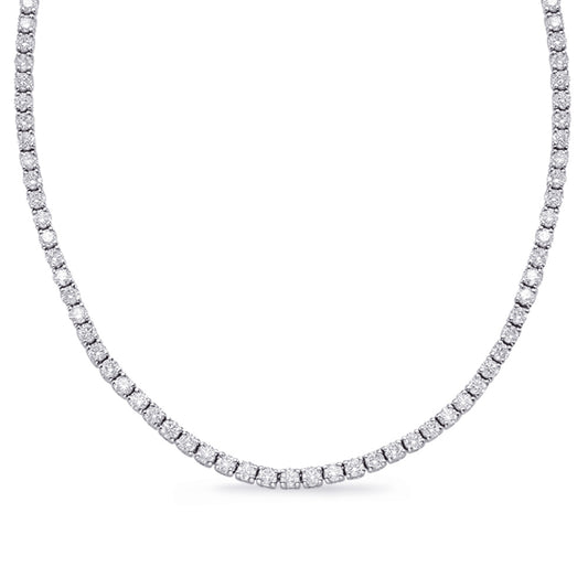 This Necklace is available in 14K White Gold. There are a total of 132 stones. There are Rounds with a total carat weight of 10.96 set in a  setting.