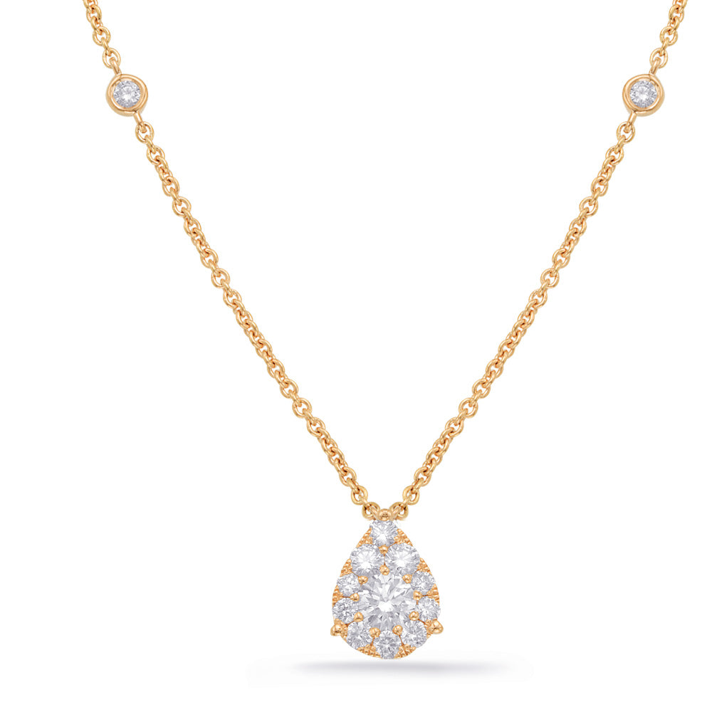 This Necklace is available in 14K Yellow Gold. There are a total of 15 stones. There are Rounds with a total carat weight of 0.63 set in a Bezel Set|Micro Prong setting.