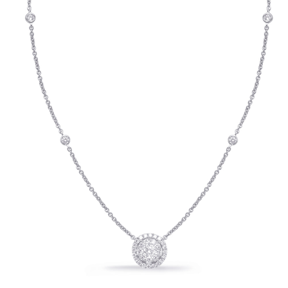 This Necklace is available in 14K White Gold. There are a total of 34 stones. There are Rounds with a total carat weight of 0.58 set in a Bezel Set|Micro Prong setting.