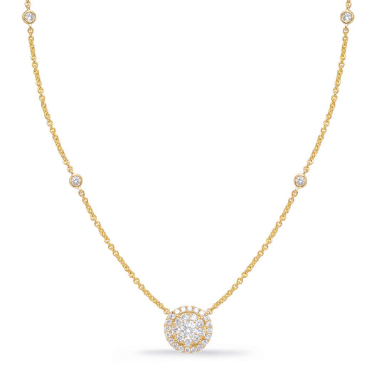 This Necklace is available in 14K Yellow Gold. There are a total of 34 stones. There are Rounds with a total carat weight of 0.58 set in a Bezel Set|Micro Prong setting.