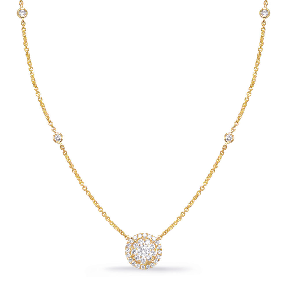 This Necklace is available in 14K Yellow Gold. There are a total of 34 stones. There are Rounds with a total carat weight of 0.58 set in a Bezel Set|Micro Prong setting.