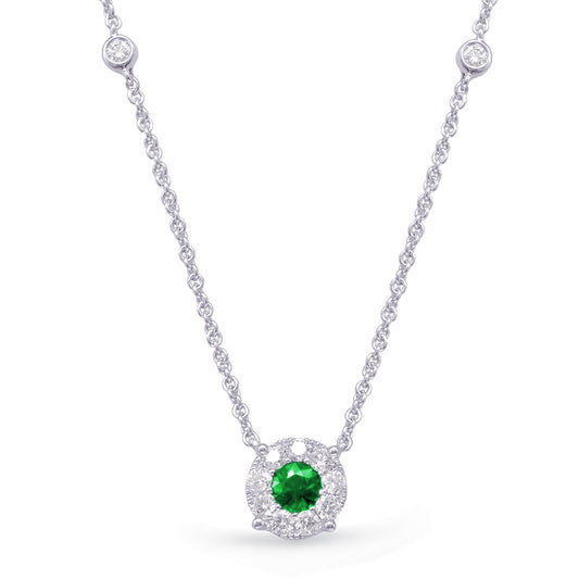 This Necklace is available in 14K White Gold. There are a total of 14 stones. There are Emerald with a total carat weight of 0.31 set in a Bezel Set|Micro Prong|Prong Set setting.There are Rounds stones with a total carat weight of 0.33 set in a Bezel Set|Micro Prong|Prong Set.