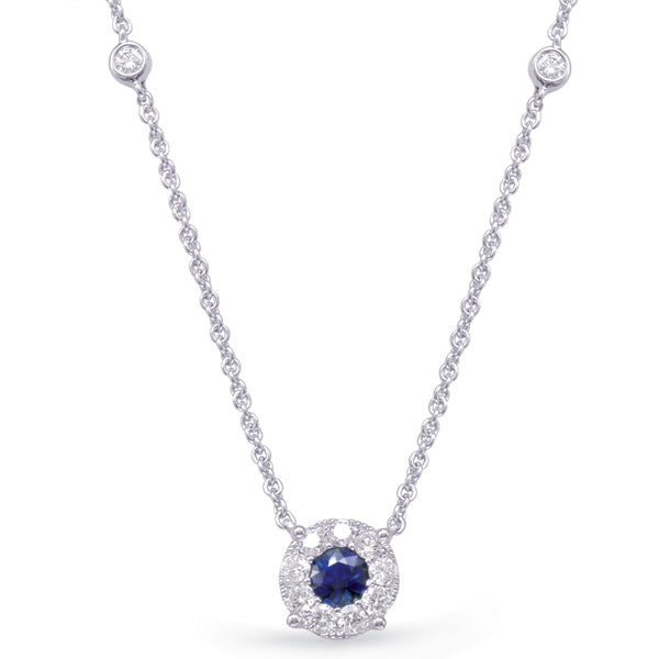 This Necklace is available in 14K White Gold. There are a total of 14 stones. There are Rounds with a total carat weight of 0.33 set in a Bezel Set|Micro Prong|Prong Set setting.There are Sapphire stones with a total carat weight of 0.39 set in a Bezel Set|Micro Prong|Prong Set.