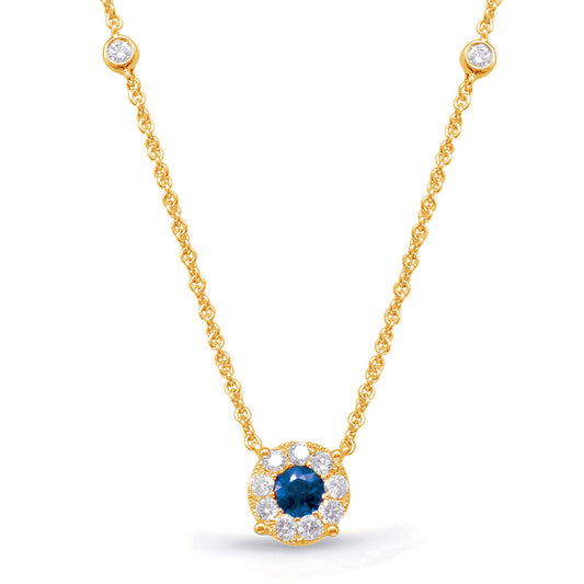 This Necklace is available in 14K Yellow Gold. There are a total of 14 stones. There are Rounds with a total carat weight of 0.33 set in a Bezel Set|Micro Prong|Prong Set setting.There are Sapphire stones with a total carat weight of 0.39 set in a Bezel Set|Micro Prong|Prong Set.