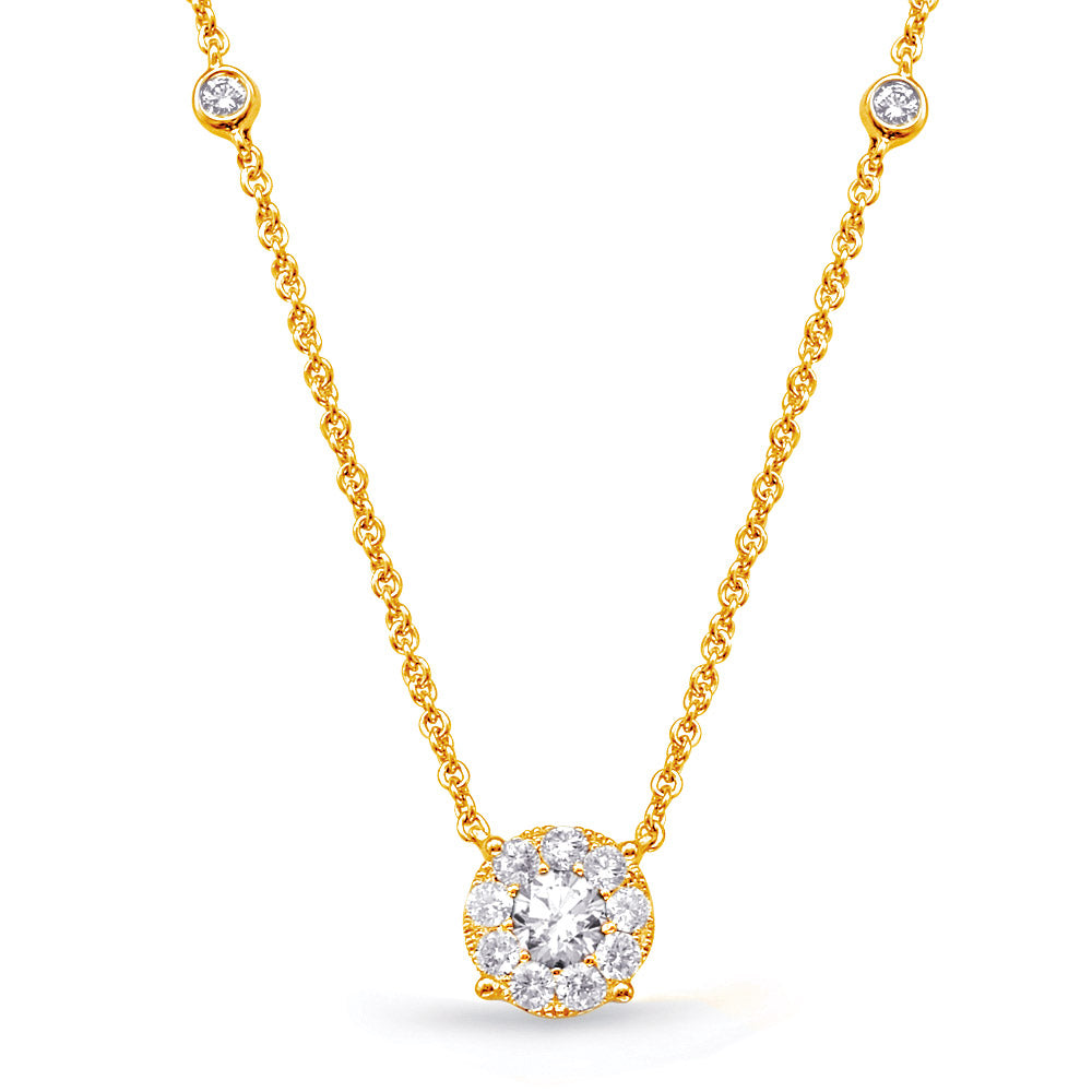 This Necklace is available in 14K Yellow Gold. There are a total of 14 stones. There are Rounds with a total carat weight of 0.56 set in a Bezel Set|Micro Prong|Prong Set setting.