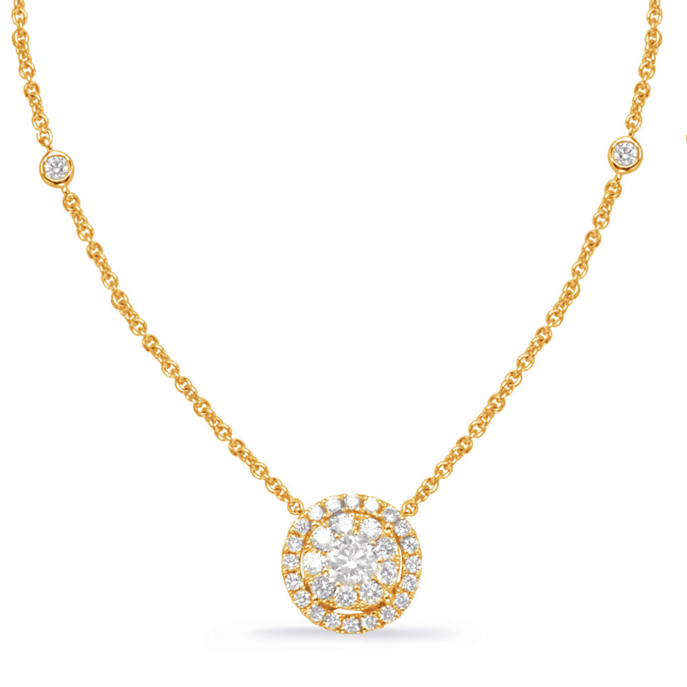 This Necklace is available in 14K Yellow Gold. There are a total of 34 stones. There are Rounds with a total carat weight of 0.71 set in a Micro Prong|Prong Set setting.