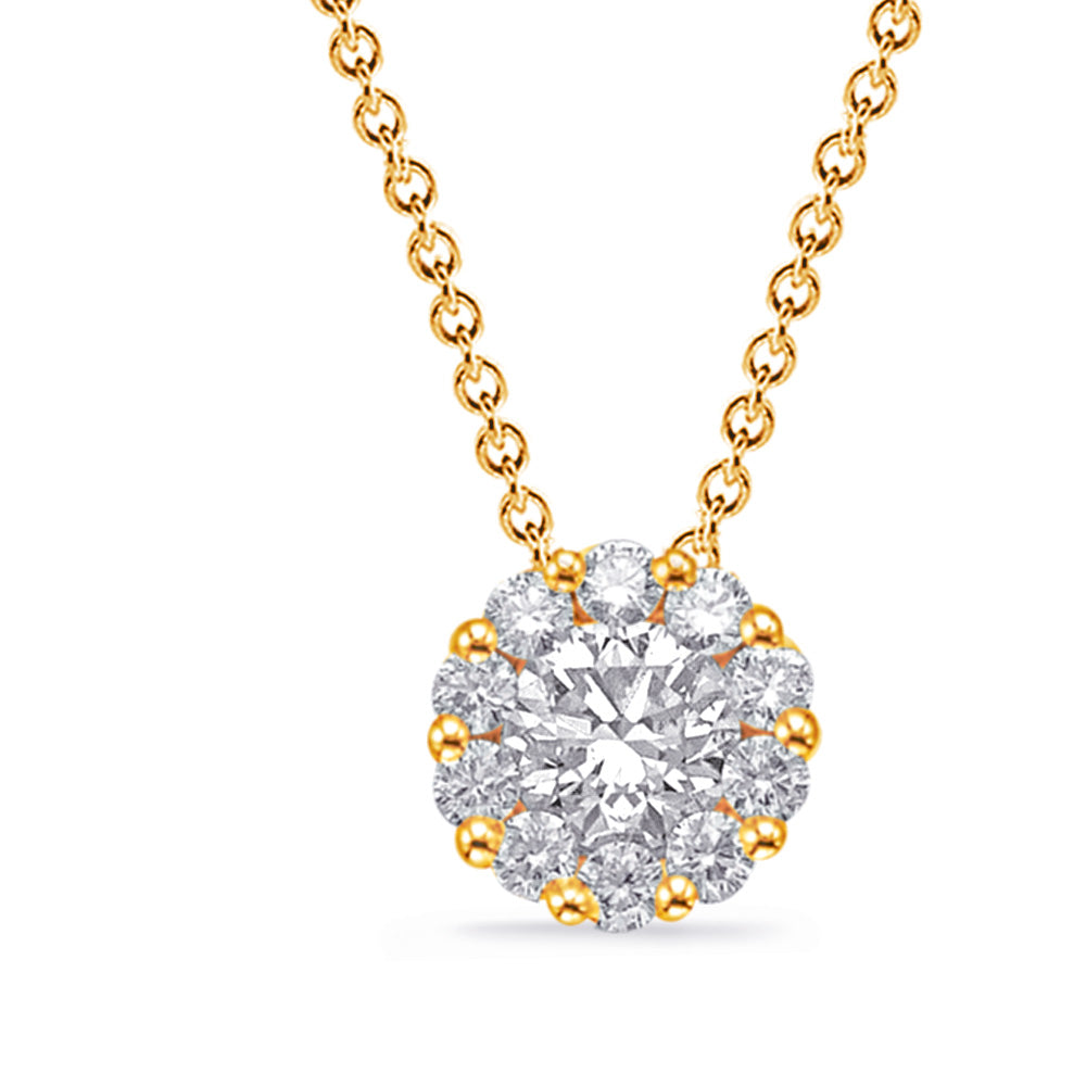 This Necklace is available in 14K Yellow Gold. There are a total of 11 stones. There are Rounds with a total carat weight of 0.42 set in a Channel Set|Prong Set|Shared Prongs setting.