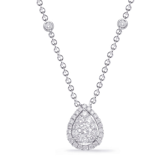 This Necklace is available in 14K White Gold. There are a total of 37 stones. There are Rounds with a total carat weight of 0.86 set in a Bezel Set|Micro Prong|Prong Set setting.