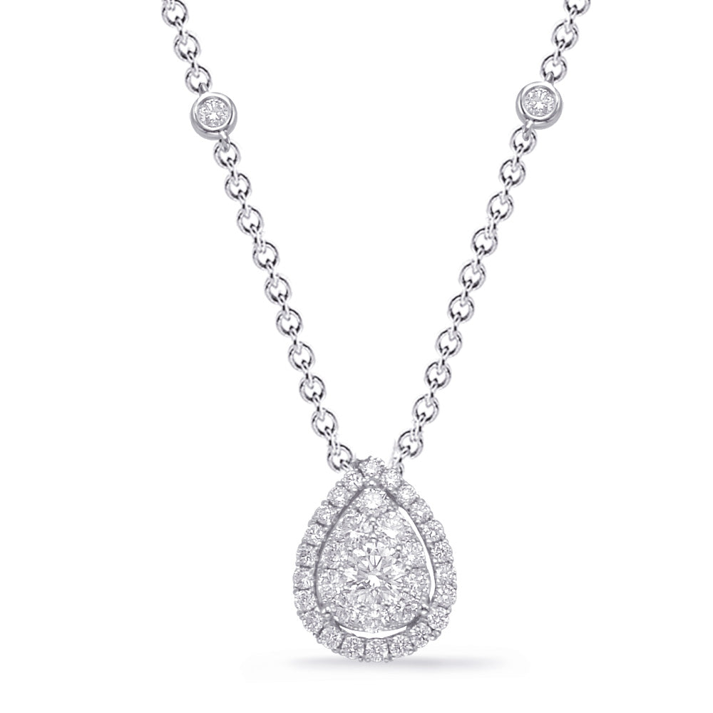 This Necklace is available in 14K White Gold. There are a total of 37 stones. There are Rounds with a total carat weight of 0.86 set in a Bezel Set|Micro Prong|Prong Set setting.