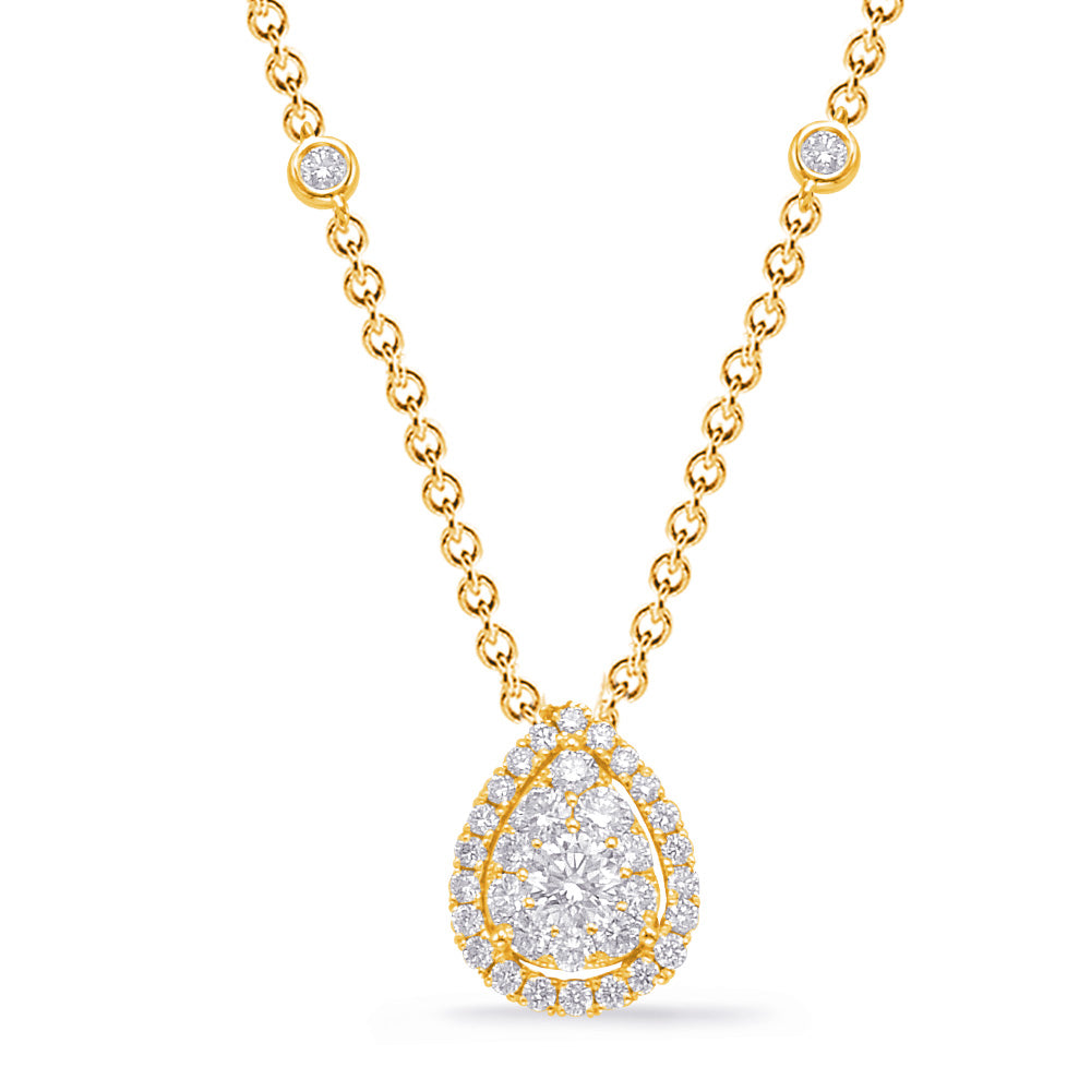 This Necklace is available in 14K Yellow Gold. There are a total of 37 stones. There are Rounds with a total carat weight of 0.86 set in a Bezel Set|Micro Prong|Prong Set setting.
