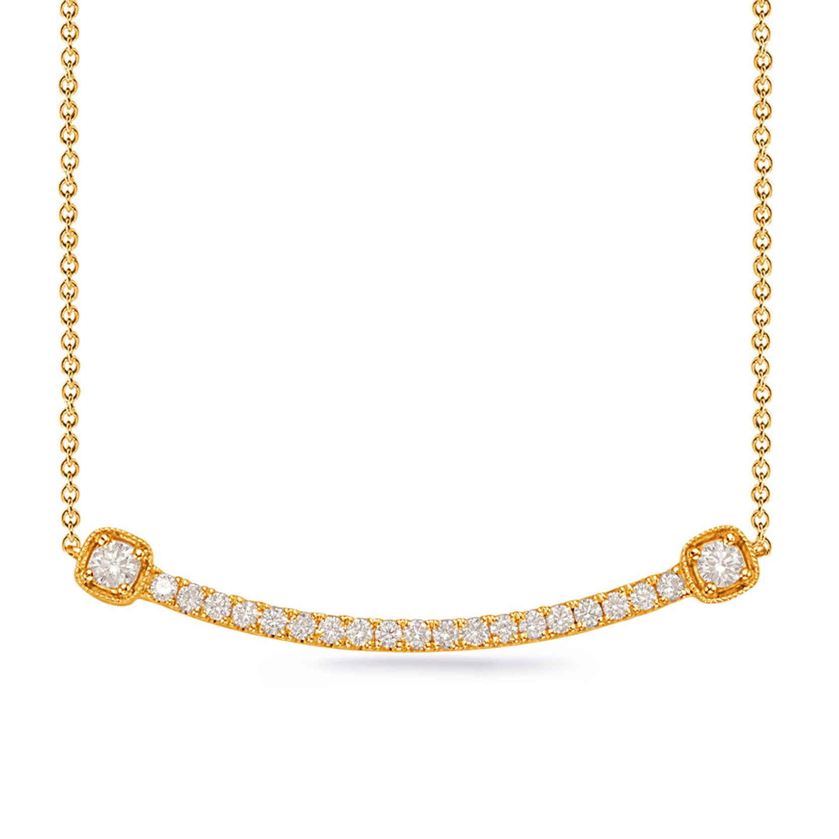 This Necklace is available in 14K Yellow Gold. There are a total of 21 stones. There are Rounds with a total carat weight of 0.28 set in a Micro Prong|Prong Set setting.