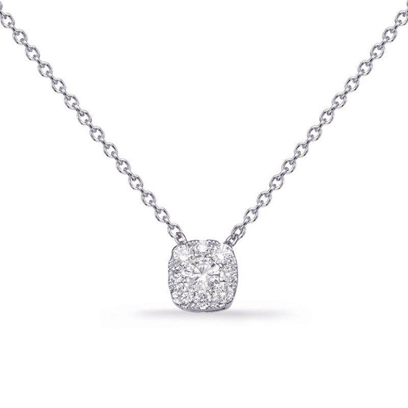 This Necklace is available in 14K White Gold. There are a total of 9 stones. There are Rounds with a total carat weight of 0.21 set in a Micro Prong|Prong Set setting.
