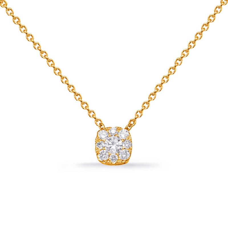 This Necklace is available in 14K Yellow Gold. There are a total of 9 stones. There are Rounds with a total carat weight of 0.21 set in a Micro Prong|Prong Set setting.