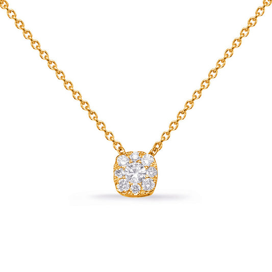 This Necklace is available in 14K Yellow Gold. There are a total of 9 stones. There are Rounds with a total carat weight of 0.21 set in a Micro Prong|Prong Set setting.