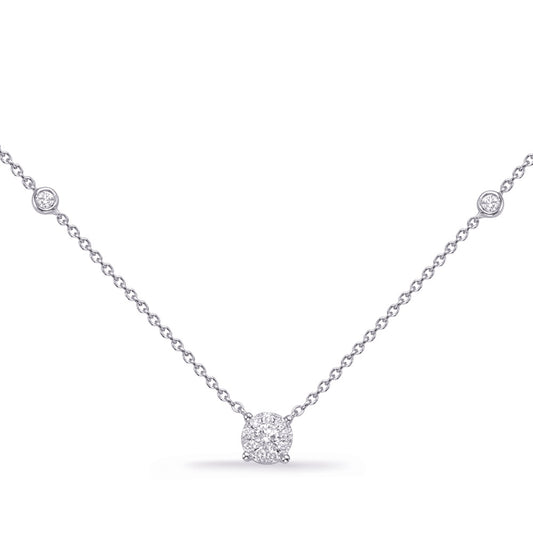 This Necklace is available in 14K White Gold. There are a total of 14 stones. There are Rounds with a total carat weight of 0.27 set in a Bezel Set|Micro Prong|Prong Set setting.