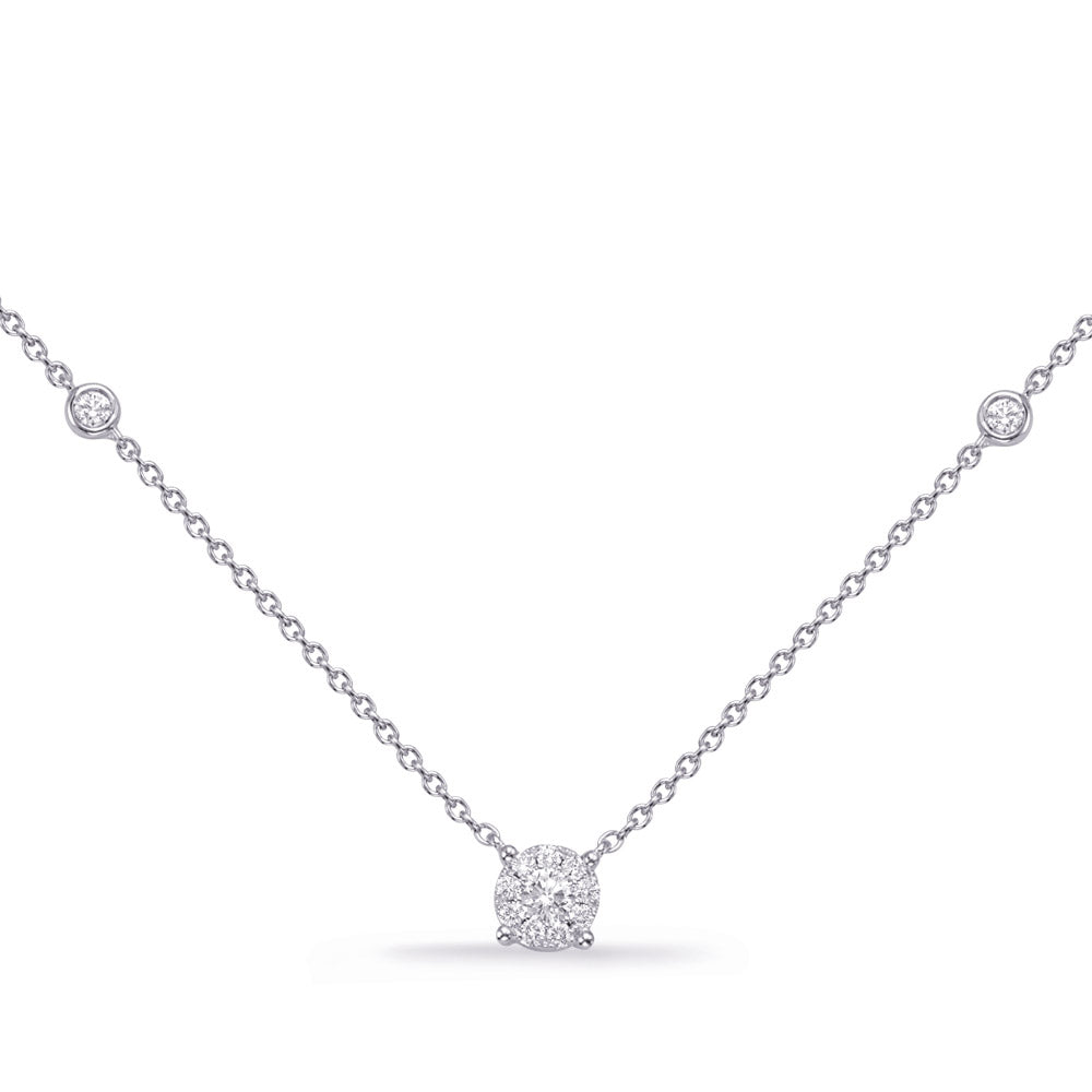 This Necklace is available in 14K White Gold. There are a total of 14 stones. There are Rounds with a total carat weight of 0.27 set in a Bezel Set|Micro Prong|Prong Set setting.