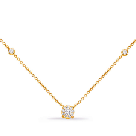 This Necklace is available in 14K Yellow Gold. There are a total of 14 stones. There are Rounds with a total carat weight of 0.27 set in a Bezel Set|Micro Prong|Prong Set setting.