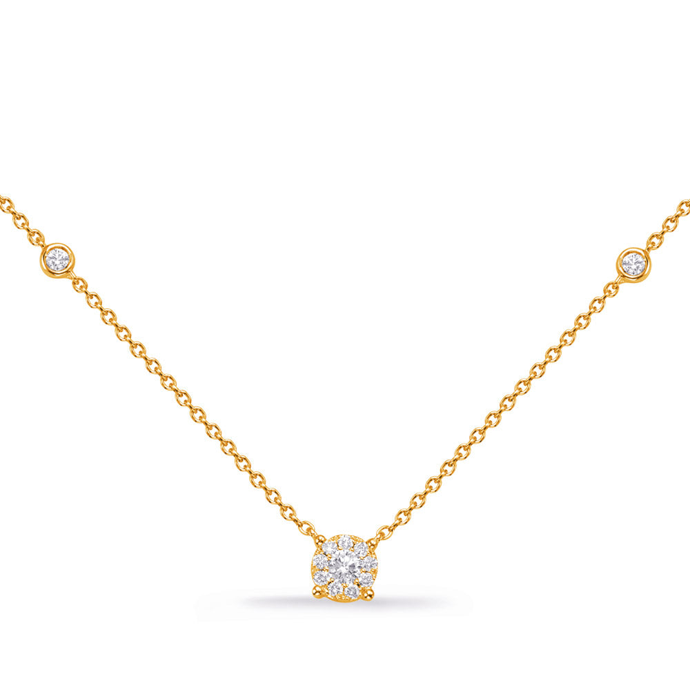 This Necklace is available in 14K Yellow Gold. There are a total of 14 stones. There are Rounds with a total carat weight of 0.27 set in a Bezel Set|Micro Prong|Prong Set setting.