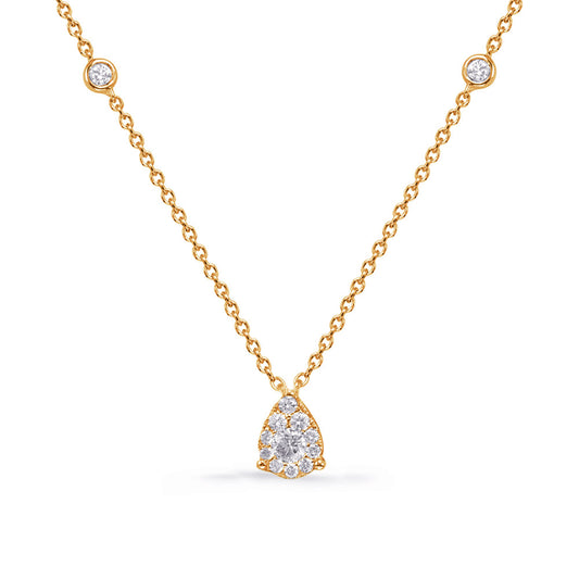 This Necklace is available in 14K Yellow Gold. There are a total of 15 stones. There are Rounds with a total carat weight of 0.27 set in a Bezel Set|Micro Prong|Prong Set setting.